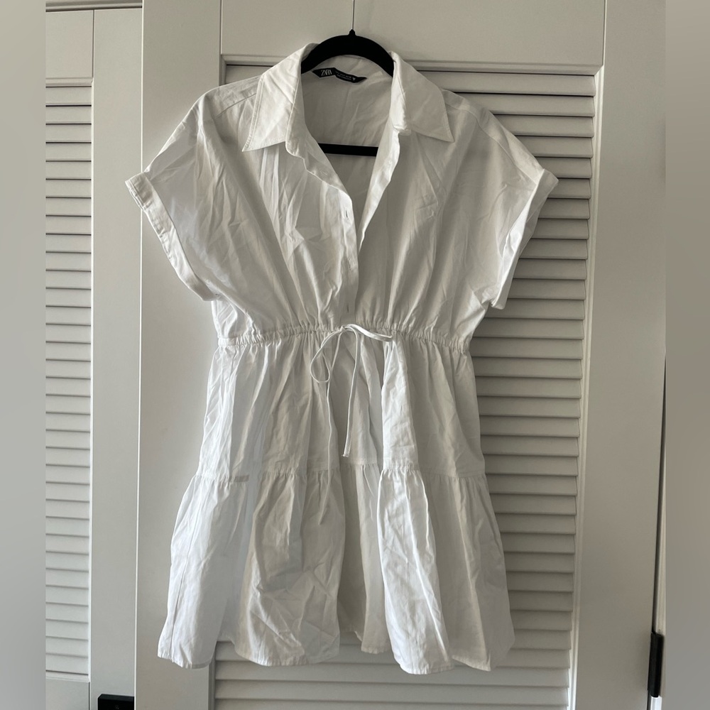 Zara Size Small white collared shirt dress with tie cinch waist